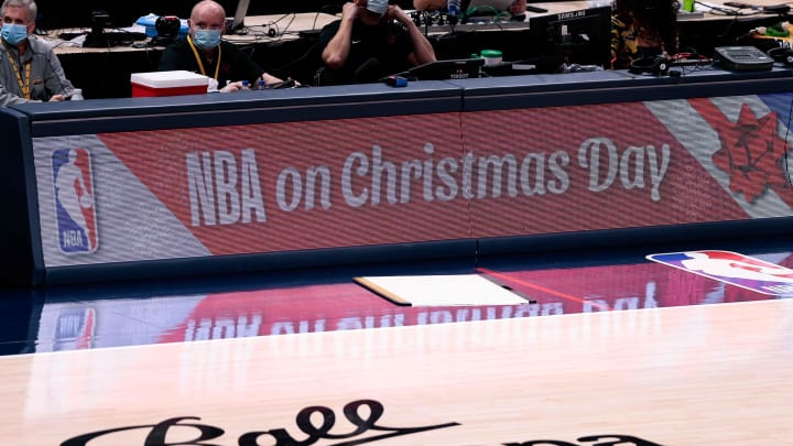 Dec 25, 2020; Denver, Colorado, USA; NBA on Christmas Day is displayed across the sideboards in the first quarter of the game between the Denver Nuggets and the Los Angeles Clippers at Ball Arena. Mandatory Credit: Isaiah J. Downing-USA TODAY Sports