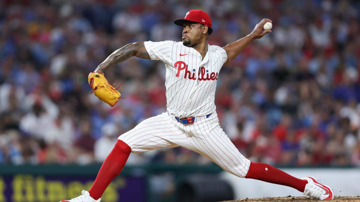 Jul 9, 2024; Philadelphia, Pennsylvania, USA; Philadelphia Phillies pitcher Gregory Soto (30) in action against the Los Angeles Dodgers at Citizens Bank Park.