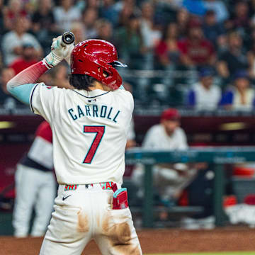 Sep 15, 2024; Phoenix, Arizona, USA; Arizona Diamondbacks outfielder Corbin Carroll (7) at bat in the 10th inning during a game against the Milwaukee Brewers at Chase Field. Mandatory Credit: Allan Henry-Imagn Images