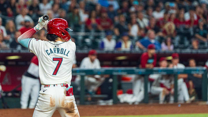 Sep 15, 2024; Phoenix, Arizona, USA; Arizona Diamondbacks outfielder Corbin Carroll (7) at bat in the 10th inning during a game against the Milwaukee Brewers at Chase Field. Mandatory Credit: Allan Henry-Imagn Images