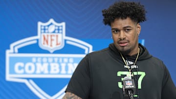 Mar 1, 2025; Indianapolis, IN, USA; Ohio State University offensive lineman Josh Simmons (OL37) answers questions at a press conference during the 2025 NFL Combine at Indiana Convention Center. Mandatory Credit: Jacob Musselman-Imagn Images