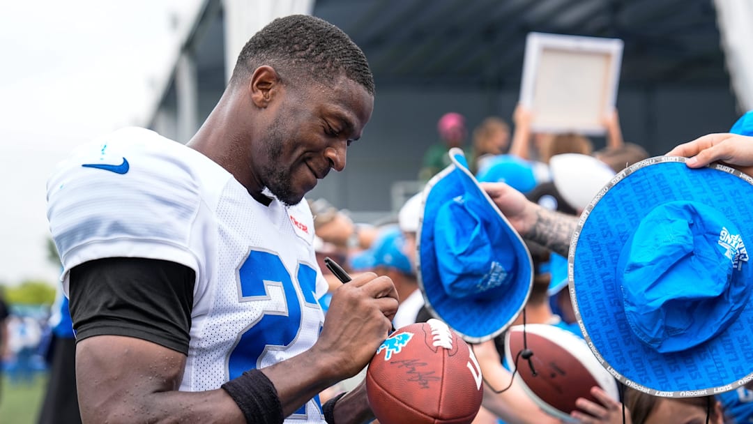 Detroit Lions cornerback Rock Ya-Sin (23) signs autographs for fans after practice during training camp at Meijer Performance Center in Allen Park on Saturday, July 26, 2025.