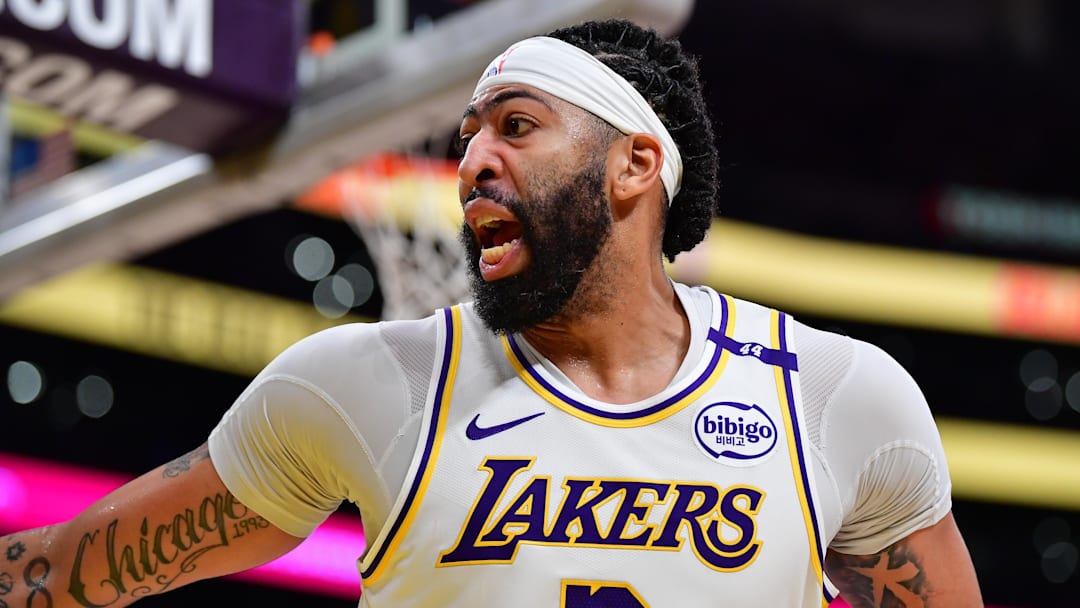 Dec 28, 2024; Los Angeles, California, USA; Los Angeles Lakers forward Anthony Davis (3) reacts during the second half at Crypto.com Arena. 