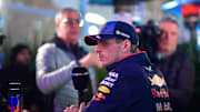 Nov 20, 2024; Las Vegas, Nevada, USA; Oracle Red Bull Racing driver Max Verstappen (1)  during media availabilities at Las Vegas Circuit. Mandatory Credit: Gary A. Vasquez-Imagn Images