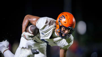 Benjamin wide receiver Amaree Williams catches a pass for a touchdown over Cardinal Newman during their football game on October 20, 2023 in West Palm Beach, Florida.