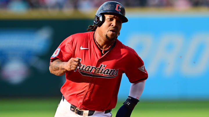 Jun 19, 2024; Cleveland, Ohio, USA; Cleveland Guardians third baseman Jose Ramirez (11) advances to third on a hit by first baseman Josh Naylor (not pictured) during the first inning against the Seattle Mariners at Progressive Field. Mandatory Credit: Ken Blaze-USA TODAY Sports