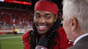 Sep 9, 2024; Santa Clara, California, USA; San Francisco 49ers running back Jordan Mason (24) talks with ESPN's John Sutcliffe on Monday Night Football after the win against the New York Jets at Levi's Stadium. Mandatory Credit: David Gonzales-Imagn Images