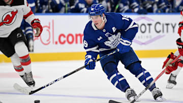 Toronto Maple Leafs Mitch Marner (16) skates against the New Jersey Devils. Mandatory Credit: Dan Hamilton-Imagn Images