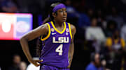 Jan 19, 2025; Gainesville, Florida, USA; LSU Tigers guard Flau'Jae Johnson (4) looks on before a game against the Florida Gators at Exactech Arena at the Stephen C. O'Connell Center. Mandatory Credit: Matt Pendleton-Imagn Images