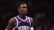 Nov 12, 2025; Sacramento, California, USA; Sacramento Kings guard Dennis Schroder (17) between plays against the Atlanta Hawks during the first quarter at Golden 1 Center.