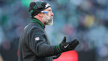 Dec 22, 2024; East Rutherford, New Jersey, USA; New York Jets interim head coach Jeff Ulbrich reacts during the second half against the Los Angeles Rams at MetLife Stadium.