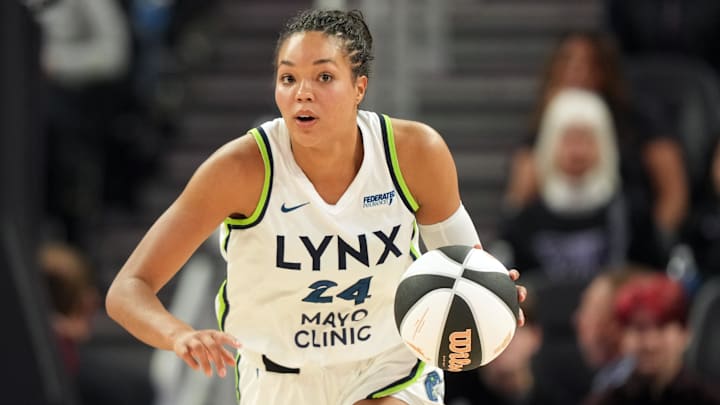Jun 1, 2025; San Francisco, California, USA; Minnesota Lynx forward Napheesa Collier (24) dribbles against the Golden State Valkyries during the first quarter at Chase Center. Mandatory Credit: Darren Yamashita-Imagn Images