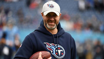 Nov 27, 2022; Nashville, Tennessee, USA; Tennessee Titans defensive coordinator Shane Bowen looks on before the game against the Cincinnati Bengals at Nissan Stadium. Mandatory Credit: Christopher Hanewinckel-Imagn Images