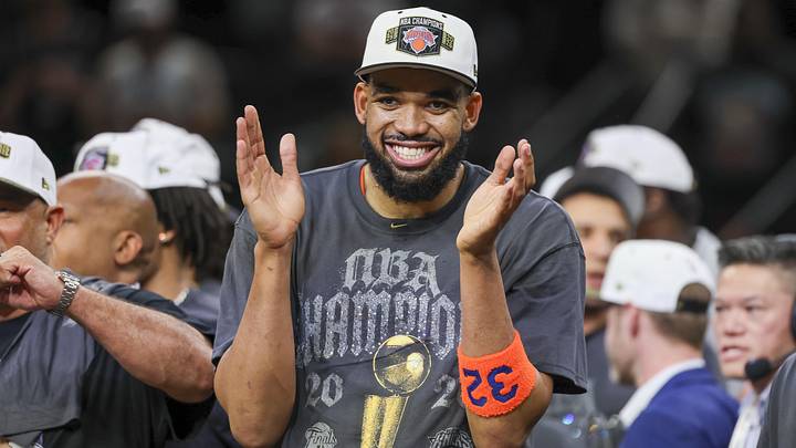 Jun 13, 2026; San Antonio, Texas, USA; New York Knicks center Karl-Anthony Towns (32) celebrates after the Knicks defeat the San Antonio Spurs during game five of the 2026 NBA Finals at Frost Bank Center. Mandatory Credit: Geoff Burke-Imagn Images