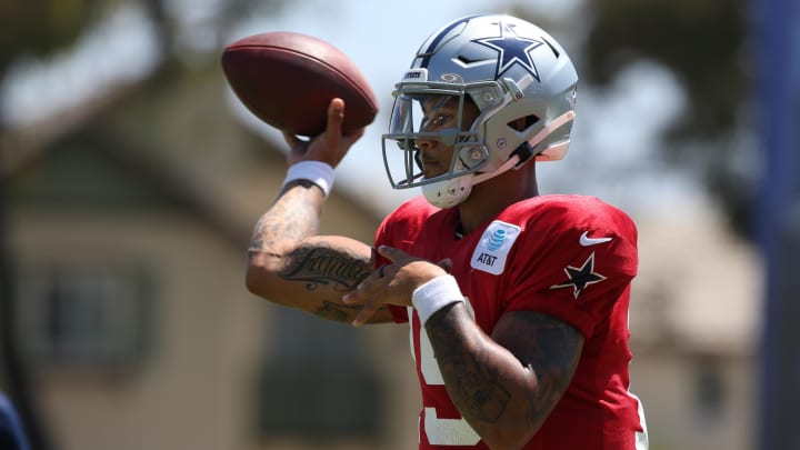 Jul 30, 2024; Oxnard, CA, USA; Dallas Cowboys quarterback Trey Lance (19) throws during training camp at the River Ridge Playing Fields in Oxnard, California.