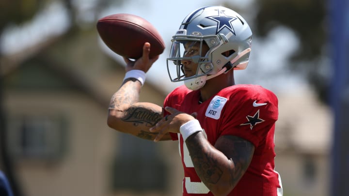 Jul 30, 2024; Oxnard, CA, USA; Dallas Cowboys quarterback Trey Lance (19) throws during training camp at the River Ridge Playing Fields in Oxnard, California. Mandatory Credit: Jason Parkhurst-USA TODAY Sports