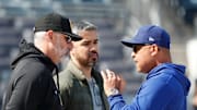 Apr 25, 2023; Pittsburgh, Pennsylvania, USA;  Pittsburgh Pirates manager Derek Shelton (left) and Los Angeles Dodgers manager Dave Roberts (right) talk with Dodgers broadcaster Stephen Nelson (middle) before a game at PNC Park. 