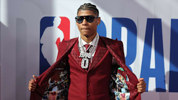 Jun 25, 2025; Brooklyn, NY, USA; Jeremiah Fears arrives before the first round of the 2025 NBA Draft at Barclays Center.