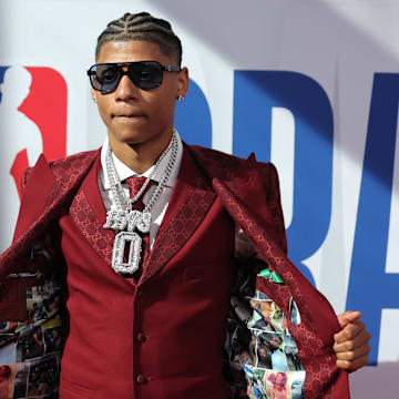 Jun 25, 2025; Brooklyn, NY, USA; Jeremiah Fears arrives before the first round of the 2025 NBA Draft at Barclays Center.