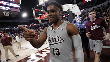 Feb 21, 2024; Starkville, Mississippi, USA; Mississippi State Bulldogs guard Josh Hubbard (13) reacts toward fans after defeating the Mississippi Rebels at Humphrey Coliseum. Mandatory Credit: Petre Thomas-Imagn Images