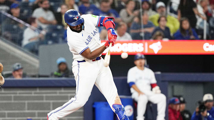 Toronto Blue Jays first base Vladimir Guerrero Jr. (27) hits a two-run home run against the Philadelphia Phillies during the sixth inning at Rogers Centre on Sept 3.