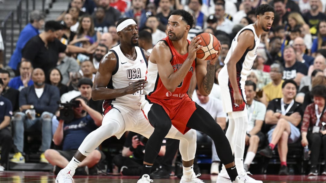 Jul 10, 2024; Las Vegas, Nevada, USA; USA forward Bam Adebayo (13) guards Canada forward Trey Lyles (8) in the second quarter in the USA Basketball Showcase at T-Mobile Arena. Mandatory Credit: Candice Ward-USA TODAY Sports