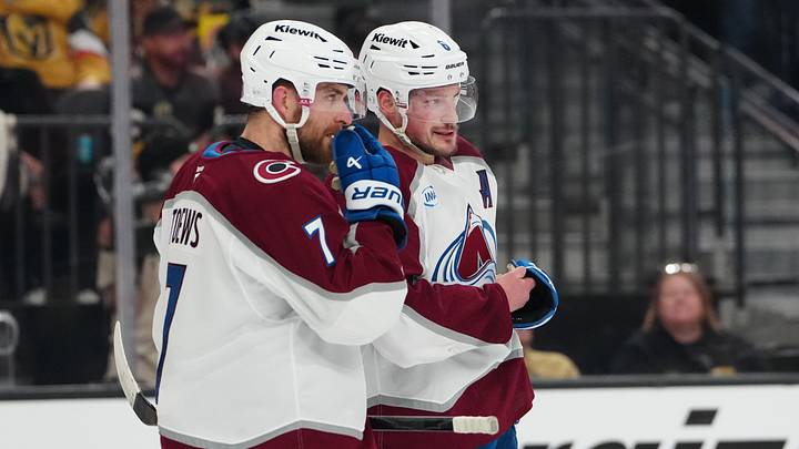  Colorado Avalanche defenseman Devon Toews (7) talks with defenseman Cale Makar (8)  Credit: Stephen R. Sylvanie-Imagn Images