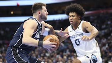 Dec 3, 2024; Dallas, Texas, USA; Dallas Mavericks guard Luka Doncic (77) drives to the basket as Memphis Grizzlies forward Jaylen Wells (0) defends during the first quarter at American Airlines Center. Mandatory Credit: Kevin Jairaj-Imagn Images
