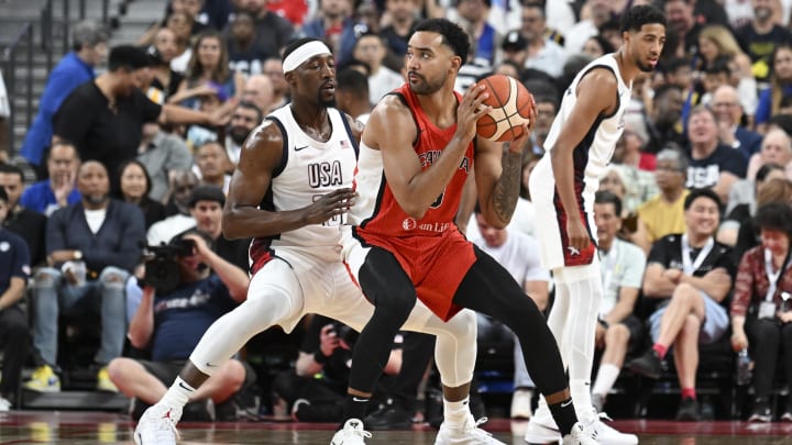 Jul 10, 2024; Las Vegas, Nevada, USA; USA forward Bam Adebayo (13) guards Canada forward Trey Lyles (8) in the second quarter in the USA Basketball Showcase at T-Mobile Arena. Mandatory Credit: Candice Ward-USA TODAY Sports