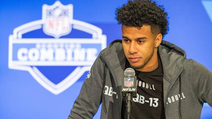 Mar 1, 2024; Indianapolis, IN, USA;  Florida State quarterback Jordan Travis (QB13) talks to the media during the 2024 NFL Combine at Lucas Oil Stadium. Mandatory Credit: Trevor Ruszkowski-Imagn Images