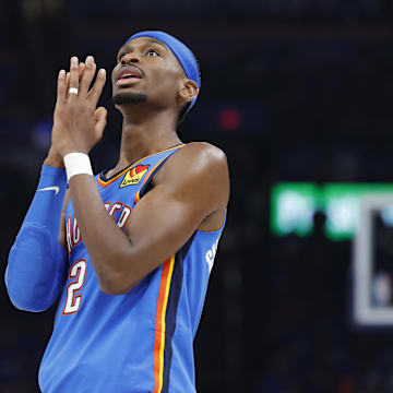 May 22, 2025; Oklahoma City, Oklahoma, USA; Oklahoma City Thunder guard Shai Gilgeous-Alexander (2) reacts after a play against the Minnesota Timberwolves in the third quarter during game two of the western conference finals for the 2025 NBA Playoffs at Paycom Center. Mandatory Credit: Alonzo Adams-Imagn Images