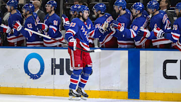 Feb 2, 2025; New York, New York, USA; New York Rangers center Mika Zibanejad (93) celebrates his goal against the Vegas Golden Knights during the third period at Madison Square Garden. Mandatory Credit: Danny Wild-Imagn Images