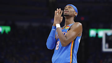 May 22, 2025; Oklahoma City, Oklahoma, USA; Oklahoma City Thunder guard Shai Gilgeous-Alexander (2) reacts after a play against the Minnesota Timberwolves in the third quarter during game two of the western conference finals for the 2025 NBA Playoffs at Paycom Center. Mandatory Credit: Alonzo Adams-Imagn Images