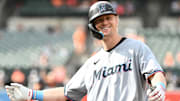 Jul 13, 2025; Baltimore, Maryland, USA;  Miami Marlins left fielder Kyle Stowers (28) reacts after hitting an RBI single during the eighth inning against the Baltimore Orioles at Oriole Park at Camden Yards. 