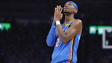 May 22, 2025; Oklahoma City, Oklahoma, USA; Oklahoma City Thunder guard Shai Gilgeous-Alexander (2) reacts after a play against the Minnesota Timberwolves in the third quarter during game two of the western conference finals for the 2025 NBA Playoffs at Paycom Center. Mandatory Credit: Alonzo Adams-Imagn Images