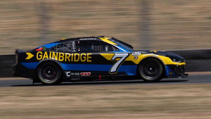 Jun 9, 2024; Sonoma, California, USA;  NASCAR Cup Series driver Corey LaJoie (7) races in the Toyota / Save Mart 350 at Sonoma Raceway. Photo Credit