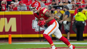 Aug 22, 2024; Kansas City, Missouri, USA; Kansas City Chiefs running back Louis Rees-Zammit (9) returns a kick against the Chicago Bears during the second half at GEHA Field at Arrowhead Stadium. Mandatory Credit: Denny Medley-Imagn Images