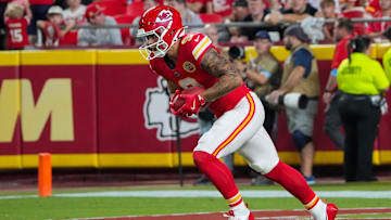 Aug 22, 2024; Kansas City, Missouri, USA; Kansas City Chiefs running back Louis Rees-Zammit (9) returns a kick against the Chicago Bears during the second half at GEHA Field at Arrowhead Stadium. Mandatory Credit: Denny Medley-Imagn Images