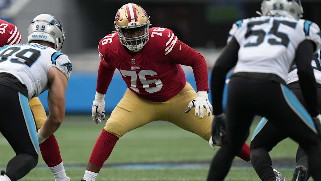 Oct 9, 2022; Charlotte, North Carolina, USA; San Francisco 49ers guard Jaylon Moore (76) during the second quarter against the Carolina Panthers at Bank of America Stadium.