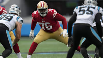 Oct 9, 2022; Charlotte, North Carolina, USA; San Francisco 49ers guard Jaylon Moore (76) during the second quarter against the Carolina Panthers at Bank of America Stadium.