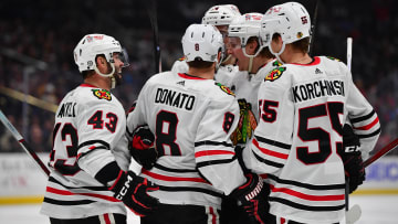 Apr 18, 2024; Los Angeles, California, USA; Chicago Blackhawks celebrate the goal scored by center Ryan Donato (8) against the Los Angeles Kings during the third period at Crypto.com Arena. Mandatory Credit: Gary A. Vasquez-USA TODAY Sports