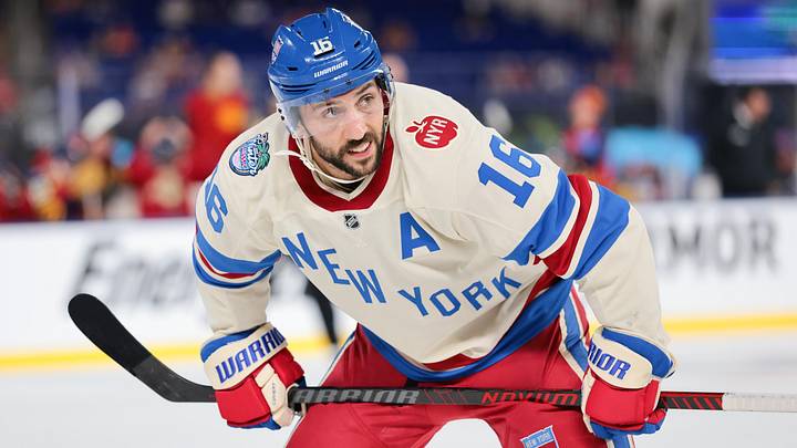 Jan 2, 2026; Miami, Florida, USA; New York Rangers center Vincent Trocheck (16) waits for a faceoff against the Florida Panthers during the third period during the third period in the 2026 Winter Classic ice hockey game at loanDepot Park. Mandatory Credit: Sam Navarro-Imagn Images