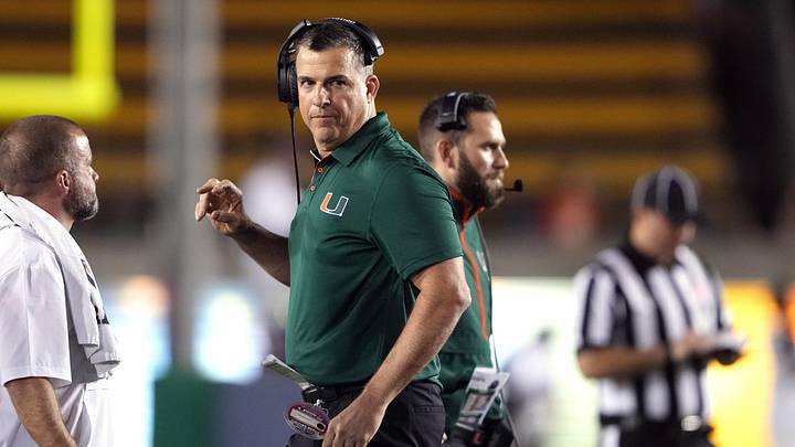 Oct 5, 2024; Berkeley, California, USA; Miami Hurricanes head coach Mario Cristobal walks on the field during the second quarter against the California Golden Bears at California Memorial Stadium. Mandatory Credit: Darren Yamashita-Imagn Images
