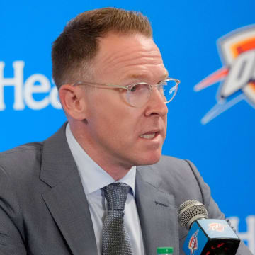 Thunder general manager Sam Presti speaks during an introductory press conference for the 2024 Thunder draft picks at Oklahoma Contemporary Arts Center in Oklahoma City, Saturday, June, 29, 2024.