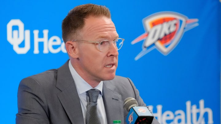 Thunder general manager Sam Presti speaks during an introductory press conference for the 2024 Thunder draft picks at Oklahoma Contemporary Arts Center in Oklahoma City, Saturday, June, 29, 2024.