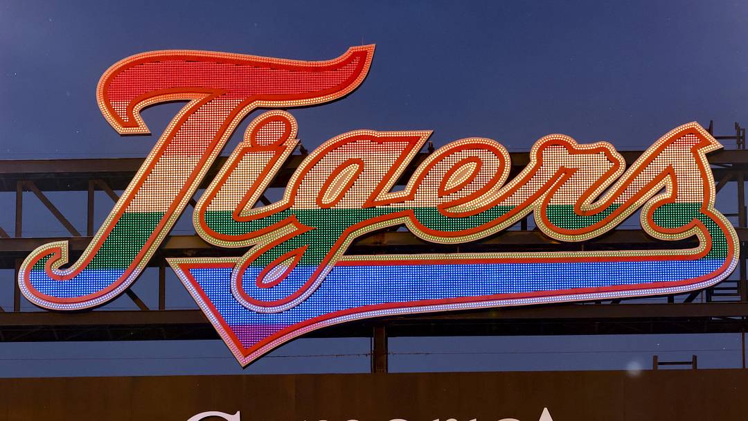 Jun 1, 2022; Detroit, Michigan, USA; The scoreboard displays the Tigers logo in rainbow colors for pride month during the game between the Detroit Tigers and the Minnesota Twins at Comerica Park. 