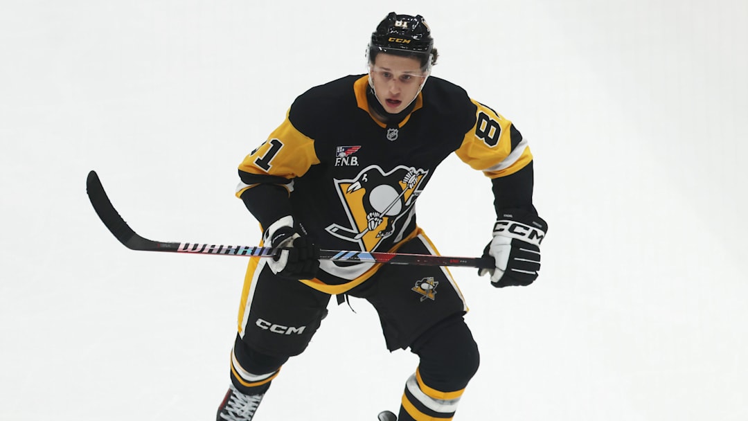 Sep 27, 2025; Pittsburgh, Pennsylvania, USA;  Pittsburgh Penguins center Ben Kindel (81) in action against the Columbus Blue Jackets during the second period at PPG Paints Arena. Mandatory Credit: Charles LeClaire-Imagn Images