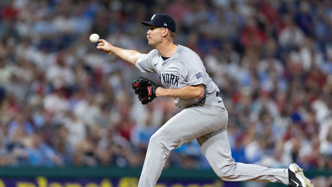 Jul 30, 2024; Philadelphia, Pennsylvania, USA; New York Yankees pitcher Michael Tonkin (50) throws a pitch during the eleventh inning against the Philadelphia Phillies at Citizens Bank Park. Mandatory Credit: Bill Streicher-USA TODAY Sports