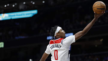 Oct 30, 2024; Washington, District of Columbia, USA;  Washington Wizards guard Bilal Coulibaly (0) shoots the ball against the Atlanta Hawks in the second half at Capital One Arena. Mandatory Credit: Geoff Burke-Imagn Images