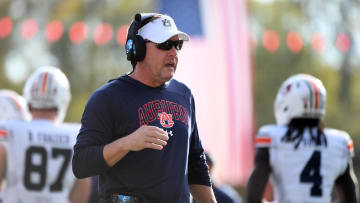 Nov 4, 2023; Nashville, Tennessee, USA; Auburn Tigers head coach Hugh Freeze walks the sideline during the first half against the Vanderbilt Commodores at FirstBank Stadium. Mandatory Credit: Christopher Hanewinckel-USA TODAY Sports